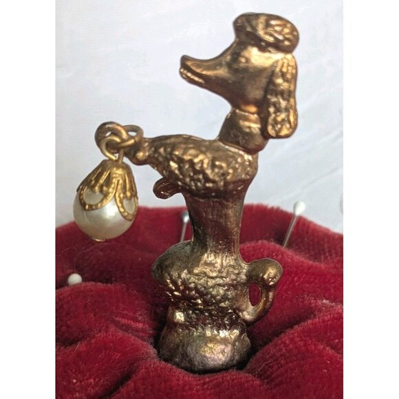 French Poodle Pin Cushion Pearl Gold Trinket Red Velvet Dog Jewelry Dish 60s Vtg - Picture 15 of 16
